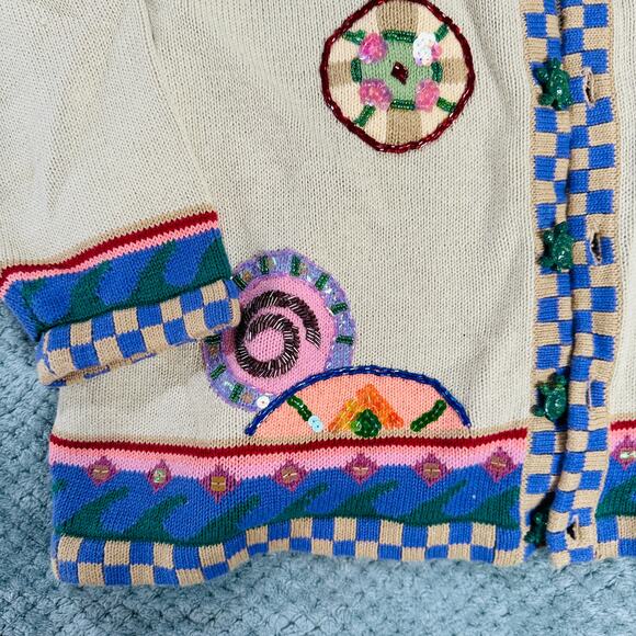 VINTAGE STORYBOOK KNITS BEADED COLORFUL KNIT TURTLE CHUNKY CARDIGAN SWEATER - Picture 3 of 7